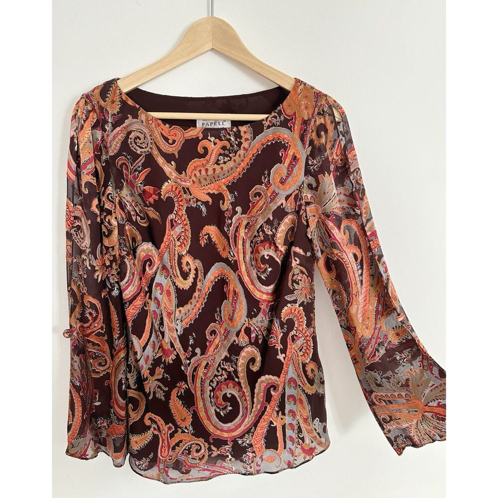 Y2k Adrianna Papell Size 8 Medium Brown Paisley Silk Flutter Sleeve Blouse
